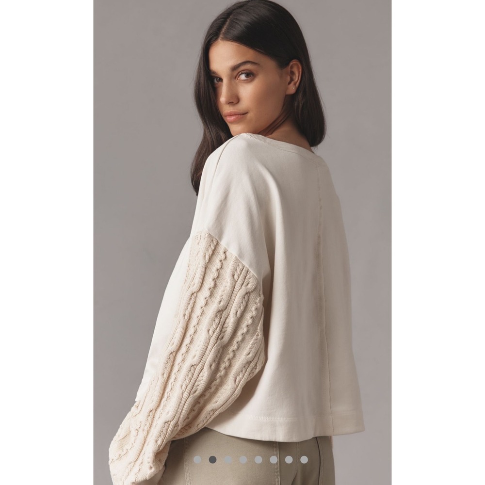 Anthropologie x Pilcro Ivory Sweater-Sleeve Blouse Mixed Media Cable Knit Top M